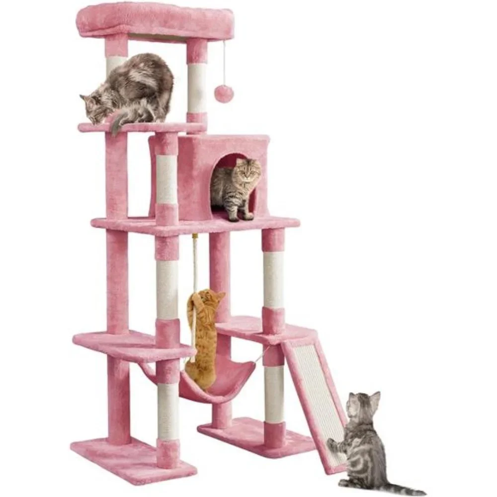 63in Multi-Level Tall Cat Tree w/Sisal-Covered Scratching Posts & Condo, Pink